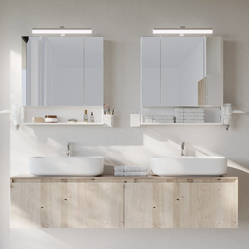 Badezimmerschrank mit LED-Beleuchtung, Steckdosen, Hängekorb
