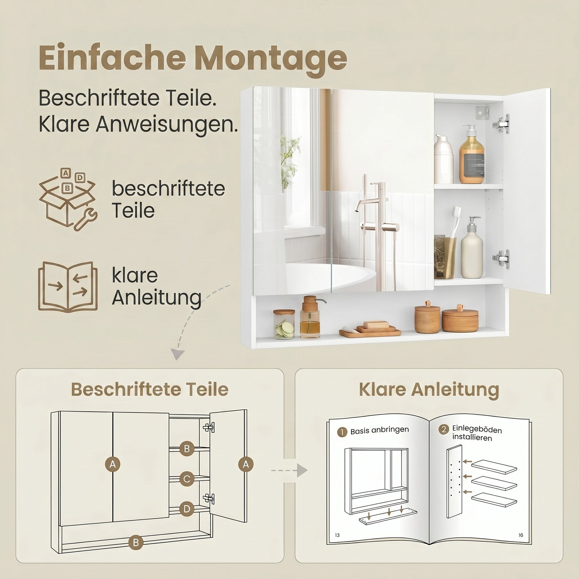 Badezimmerschrank mit 3 Türen, Badschrank, Spiegelschrank