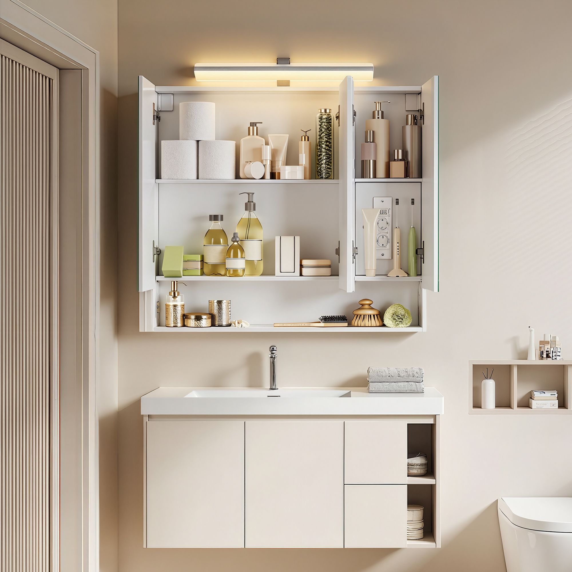 Badezimmerschrank mit LED-Beleuchtung, 16,6 x 90