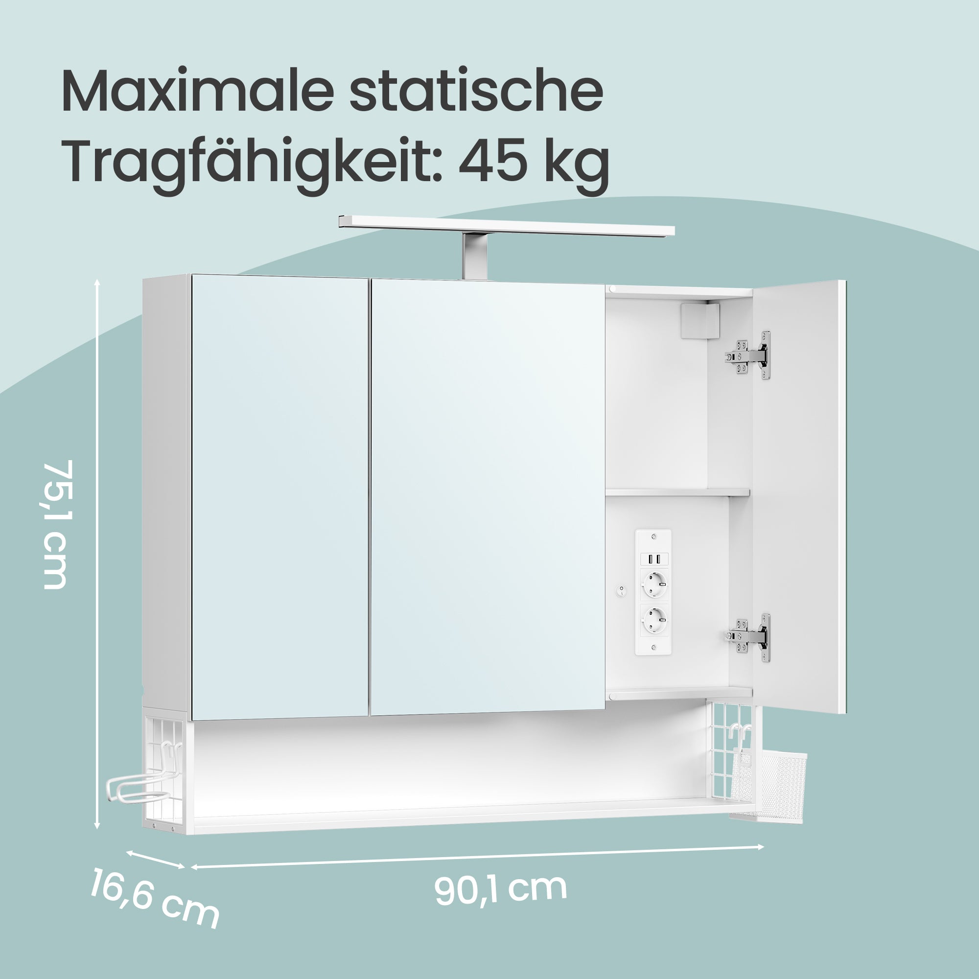 Badezimmerschrank mit LED-Beleuchtung, 16,6 x 90