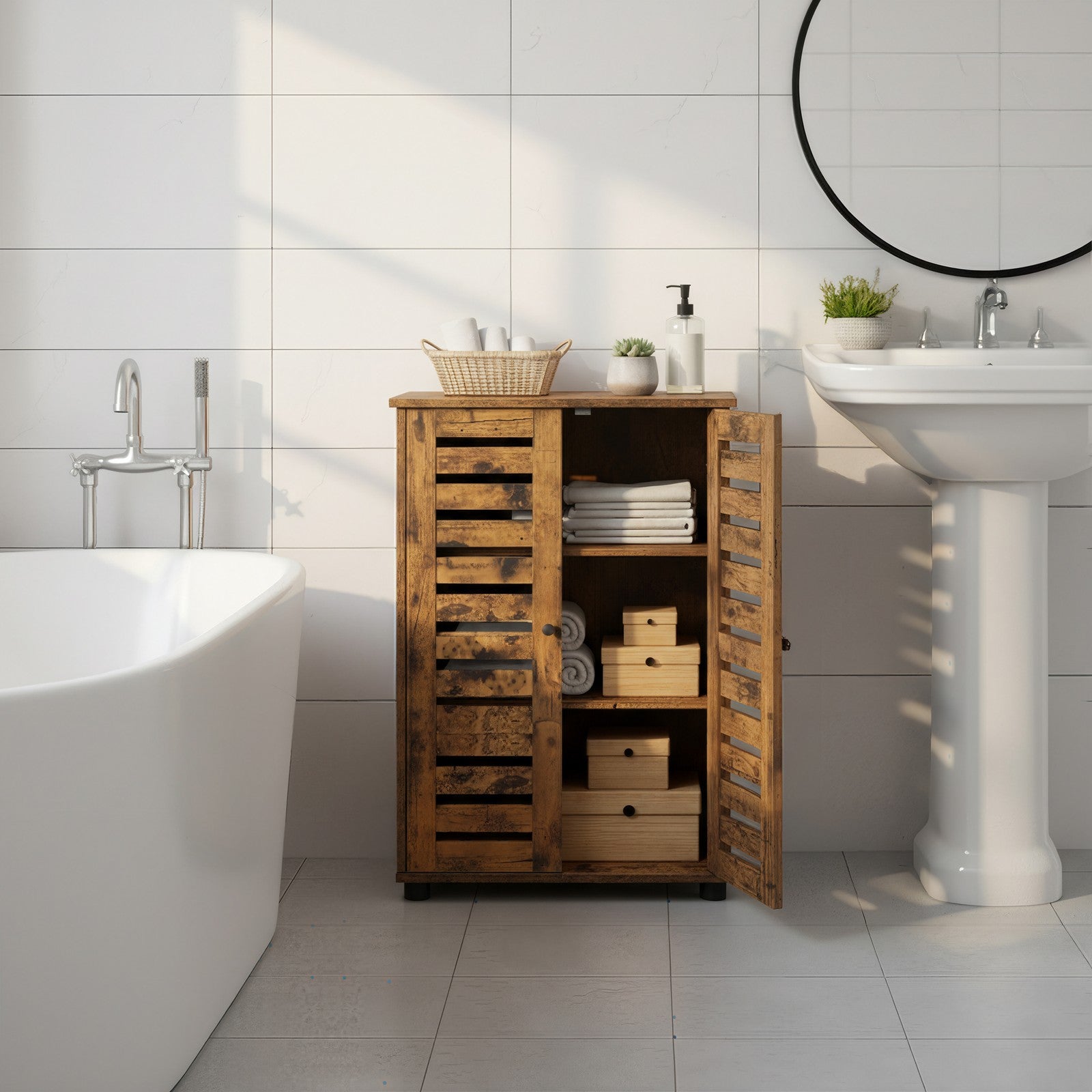 Badschrank, Aufbewahrungsschrank mit Lamellentüren, Beistellschrank mit 2 höhenverstellbaren Ablagen