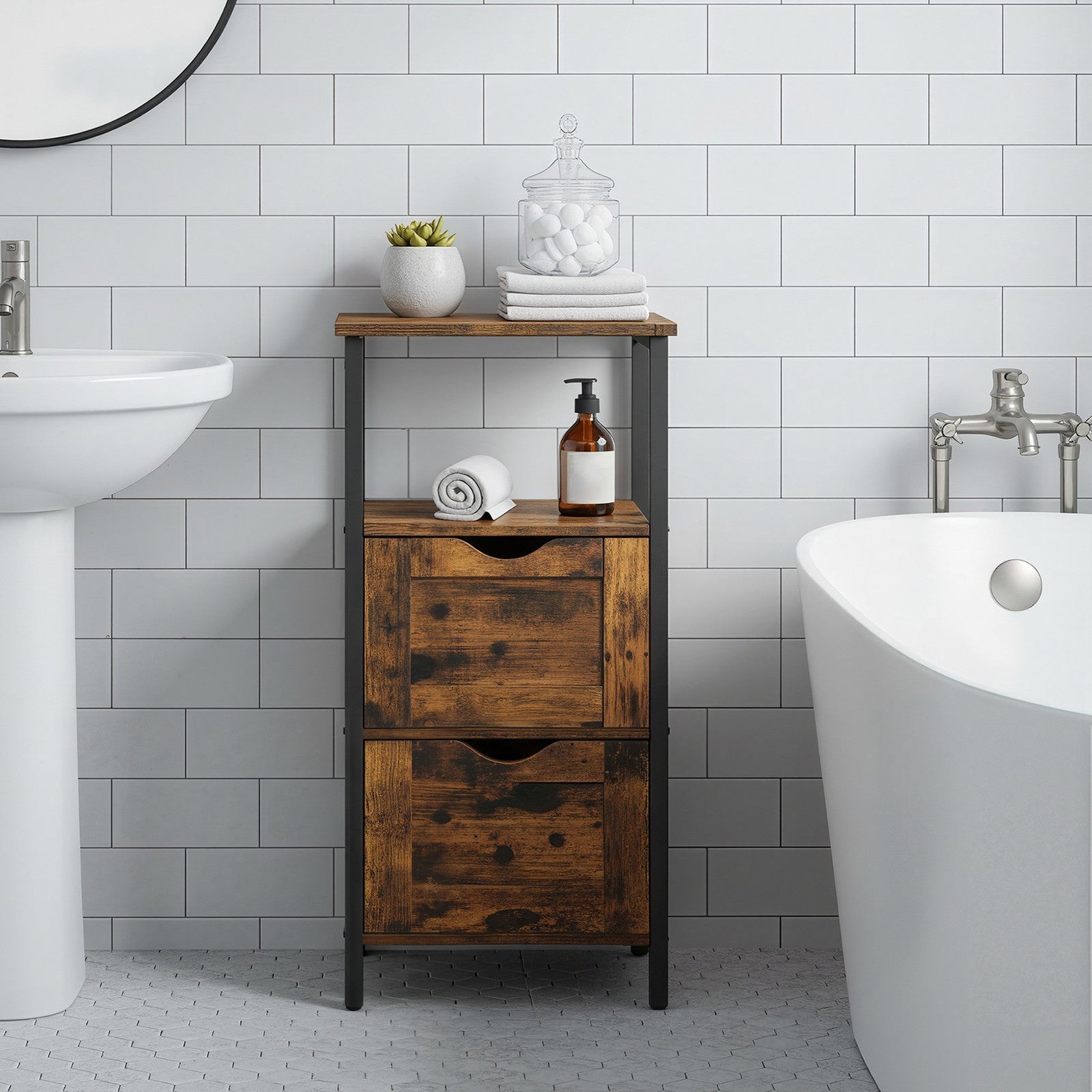 Badschrank, Badregal mit 2 Schubladen, Kommode