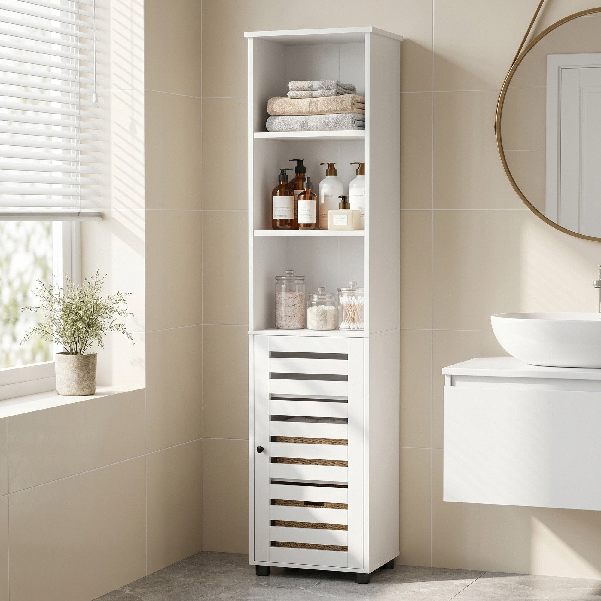 Hochschrank fürs Badezimmer, Badregal stehend, hoher Badezimmerschrank