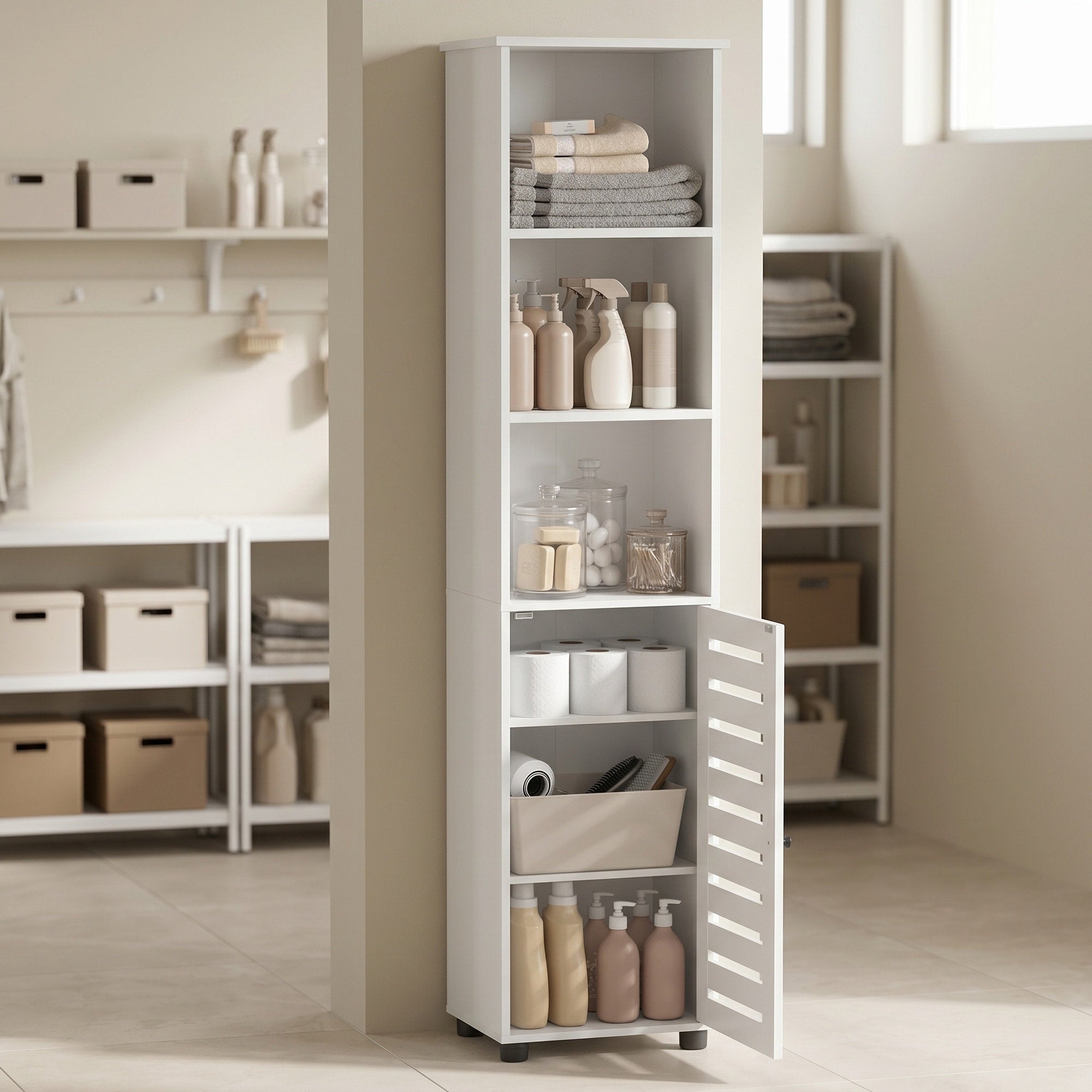 Hochschrank fürs Badezimmer, Badregal stehend, hoher Badezimmerschrank