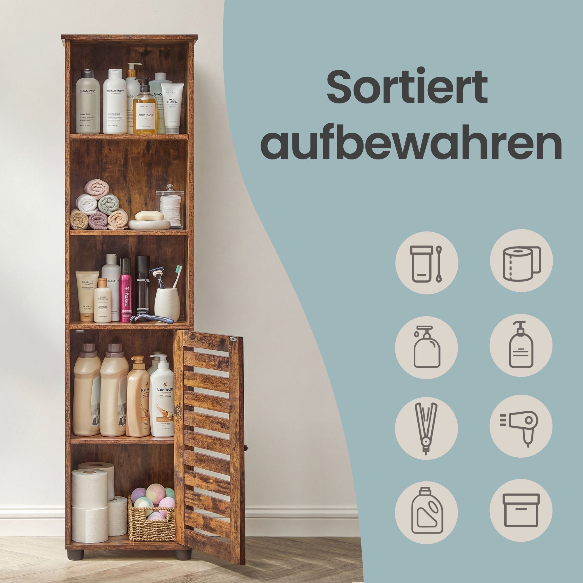 Hochschrank fürs Badezimmer, Badregal stehend, hoher Badezimmerschrank