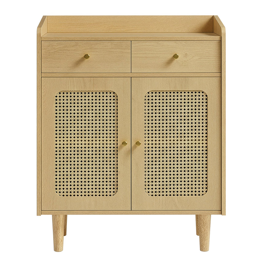 Sideboard mit Türen in Rattan-Optik, Aufbewahrungsschrank mit Schubladen, Boho-Stil