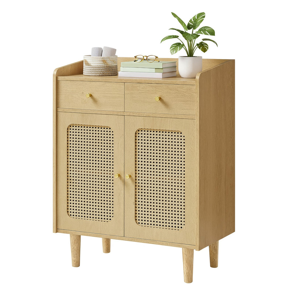 Sideboard mit Türen in Rattan-Optik, Aufbewahrungsschrank mit Schubladen, Boho-Stil