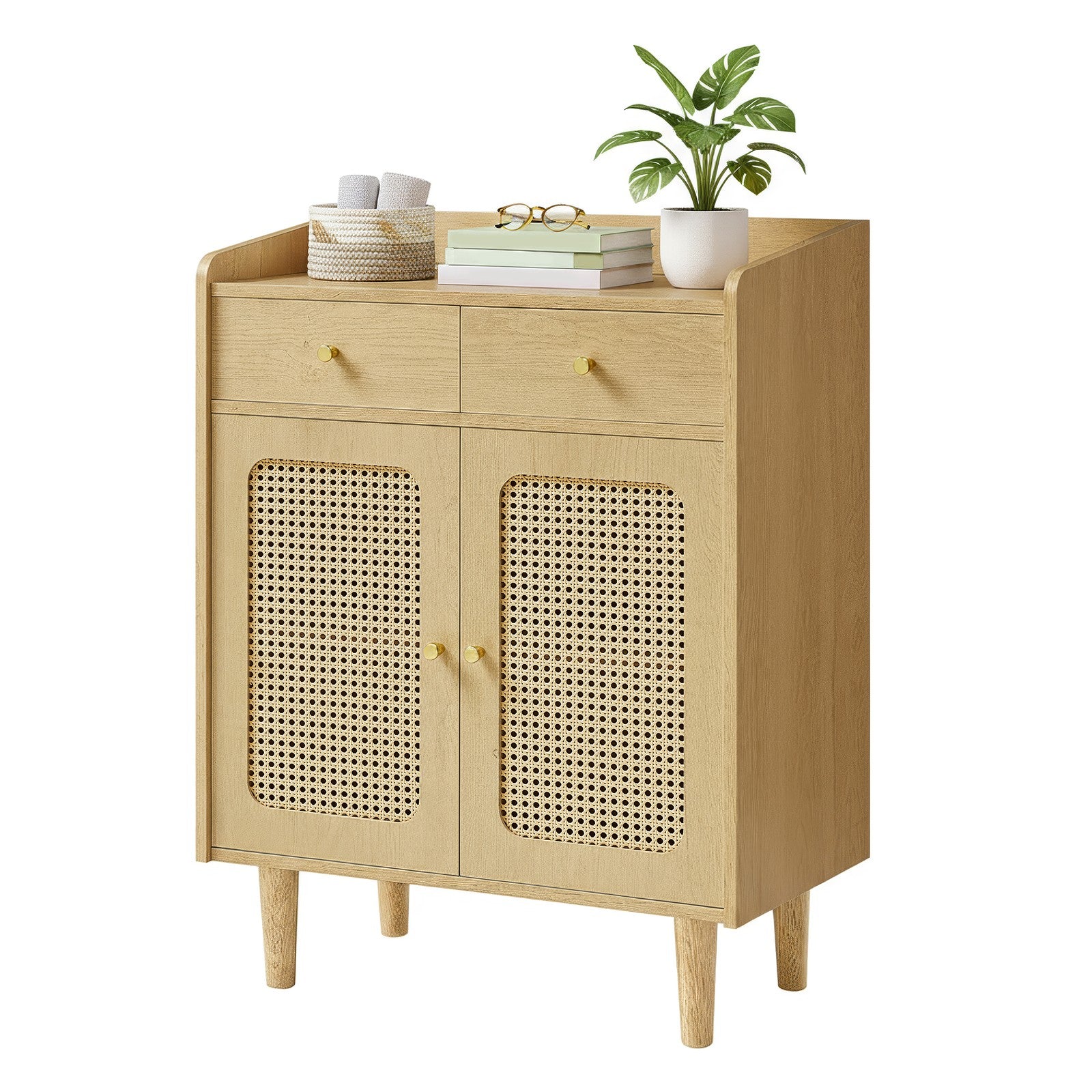 Sideboard mit Türen in Rattan-Optik, Aufbewahrungsschrank mit Schubladen, Boho-Stil