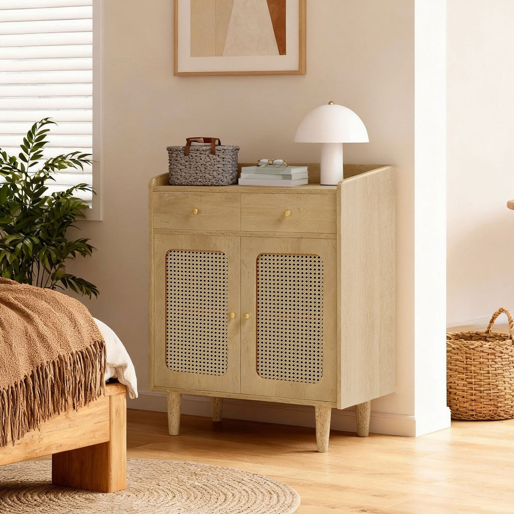 Sideboard mit Türen in Rattan-Optik, Aufbewahrungsschrank mit Schubladen, Boho-Stil