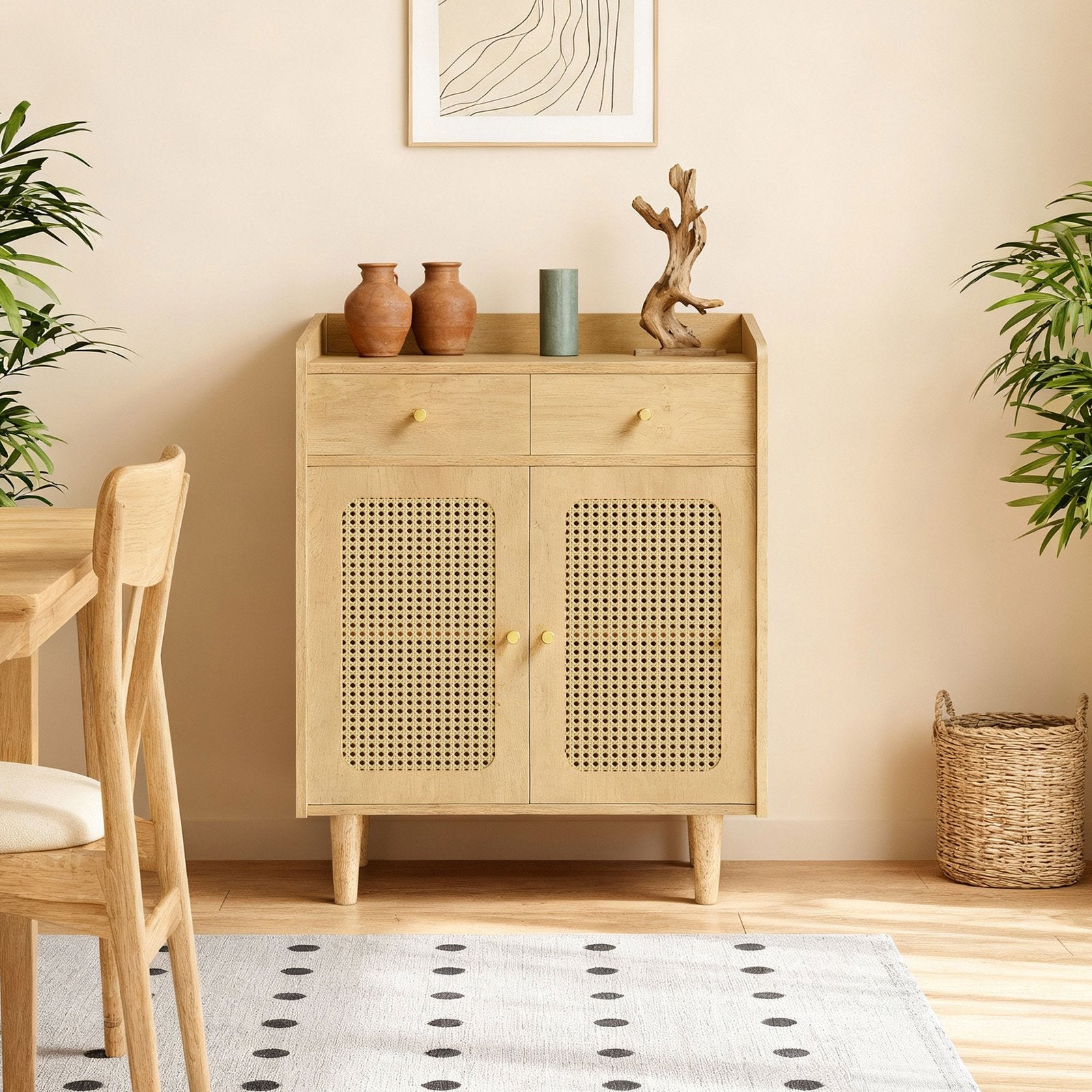 Sideboard mit Türen in Rattan-Optik, Aufbewahrungsschrank mit Schubladen, Boho-Stil