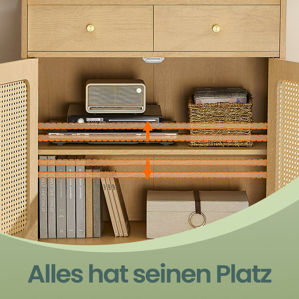 Sideboard mit Türen in Rattan-Optik, Aufbewahrungsschrank mit Schubladen, Boho-Stil