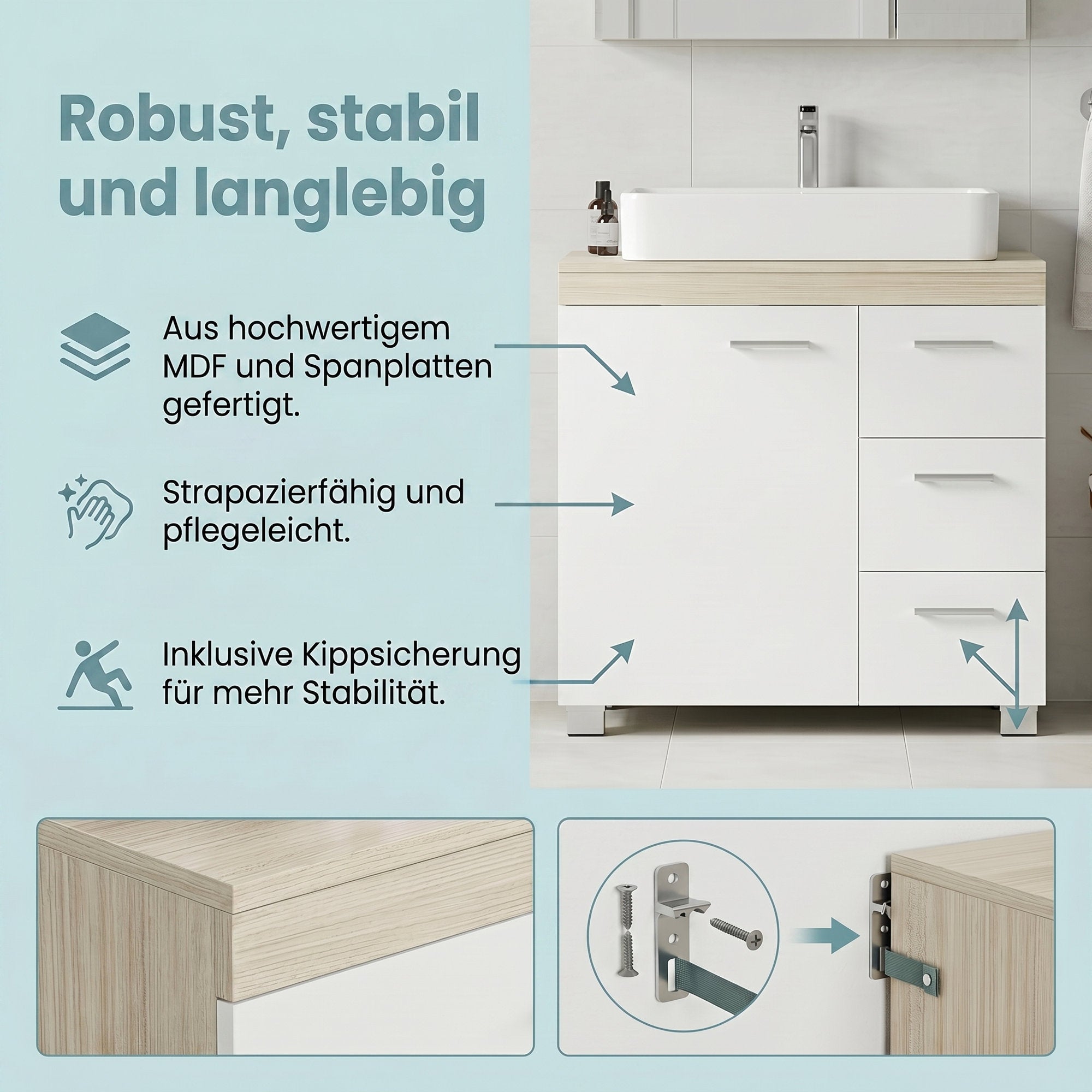 Waschbeckenunterschrank, Badezimmerschrank, 3 große Schubladen