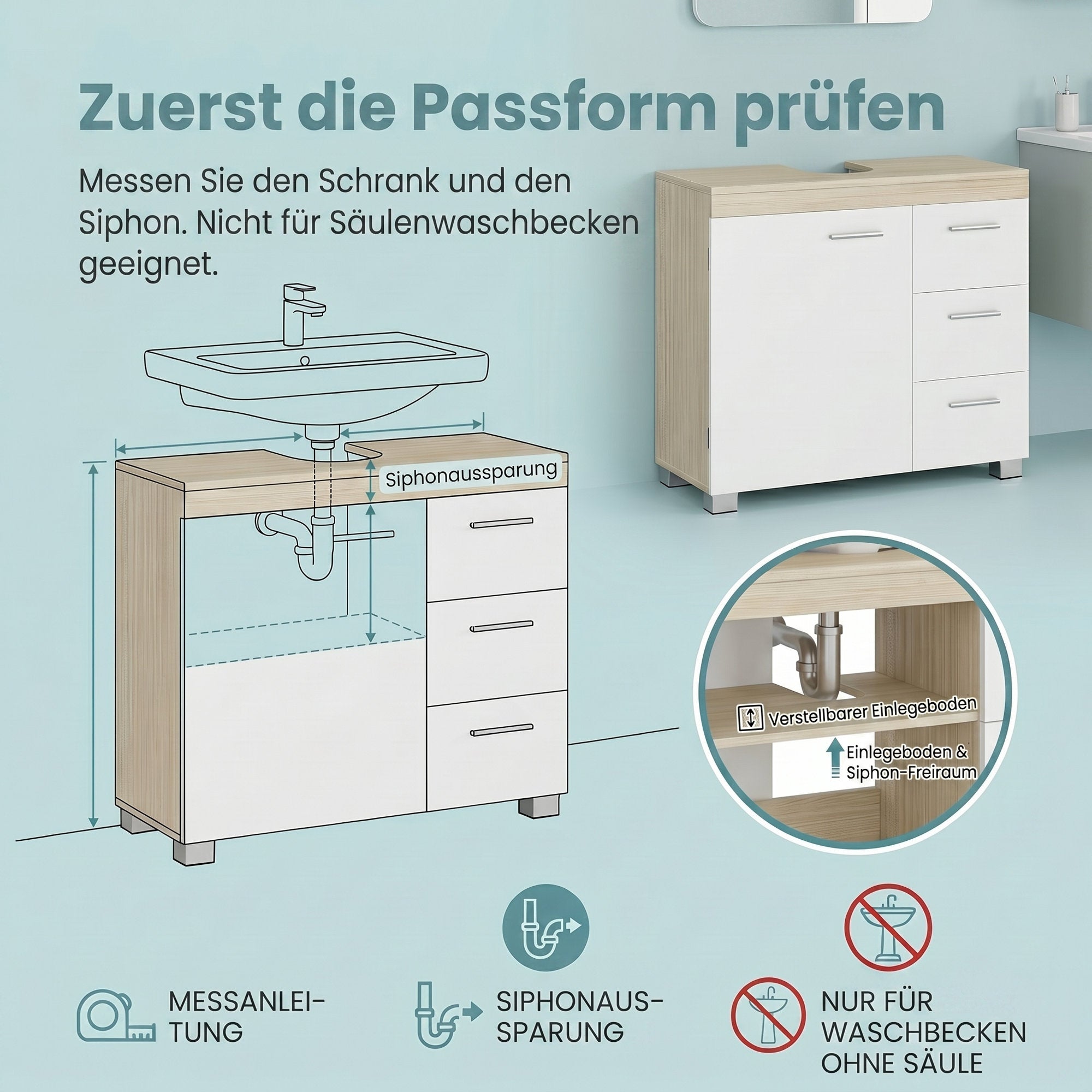Waschbeckenunterschrank, Badezimmerschrank, 3 große Schubladen