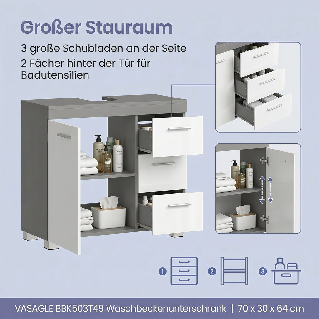 Waschbeckenunterschrank, Badezimmerschrank, 3 große Schubladen