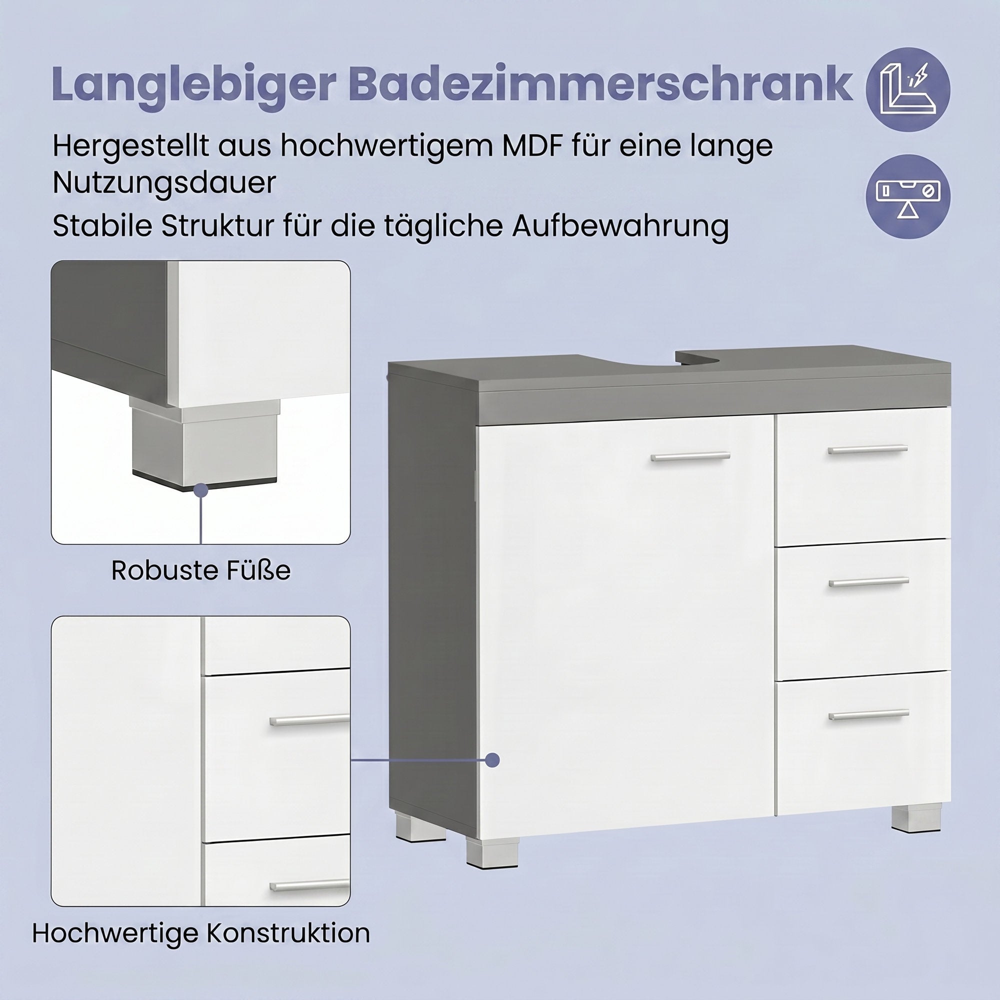 Waschbeckenunterschrank, Badezimmerschrank, 3 große Schubladen