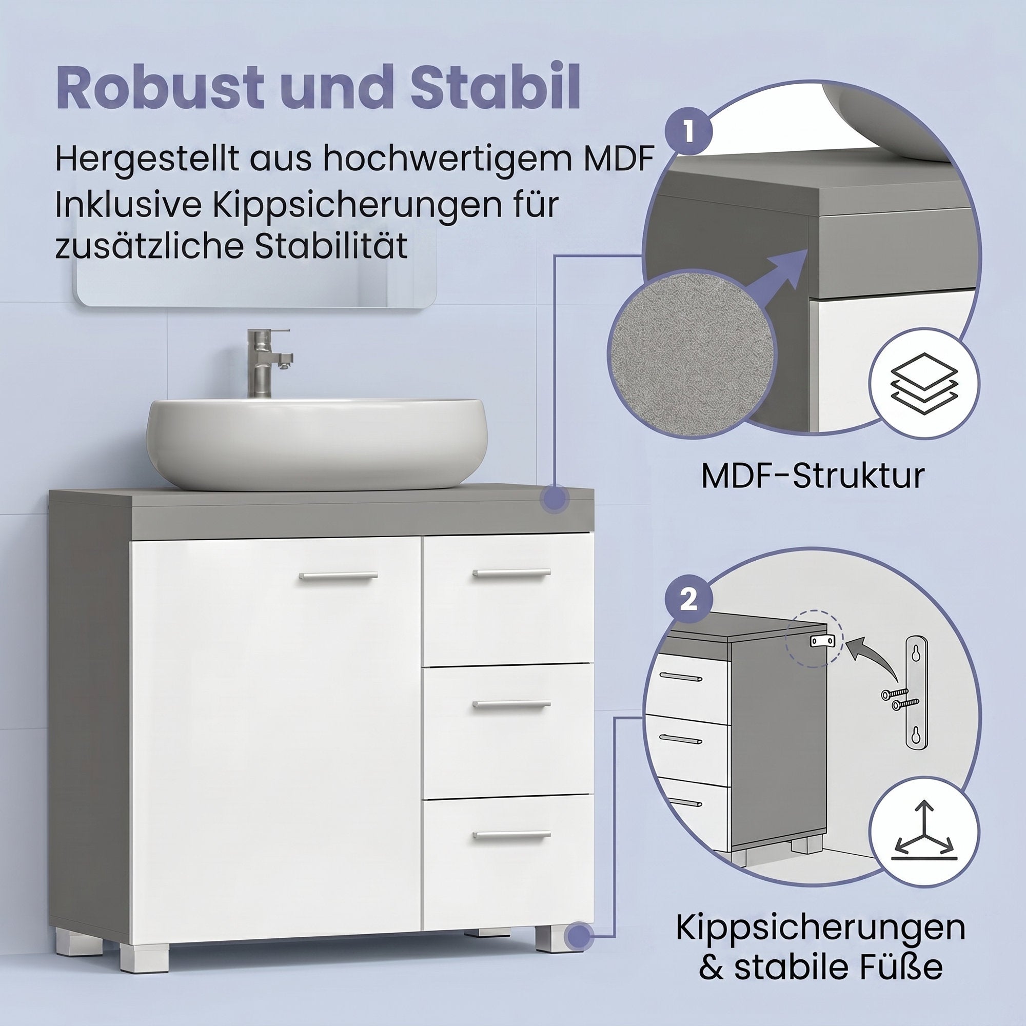 Waschbeckenunterschrank, Badezimmerschrank, 3 große Schubladen