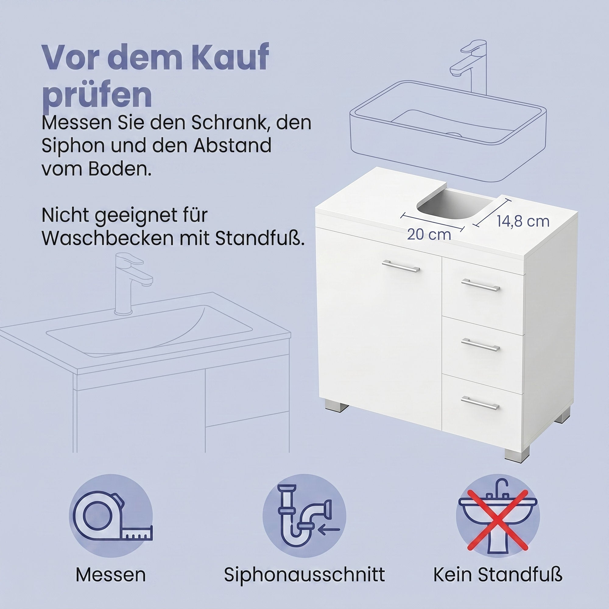 Waschbeckenunterschrank, Badezimmerschrank, 3 große Schubladen