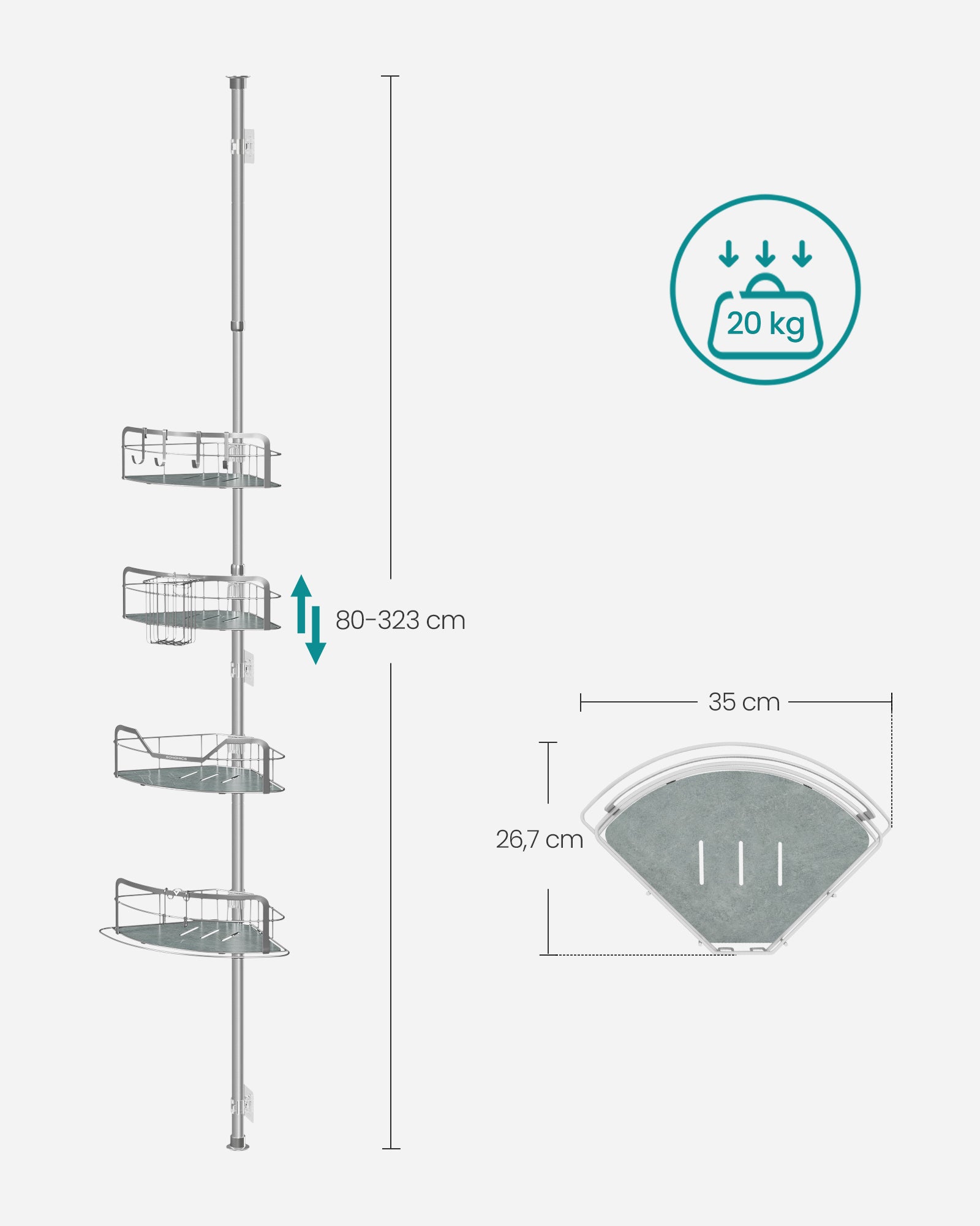 Duschregal Gesamthöhe 80-323 cm mit 4 Ebenen taubengrau