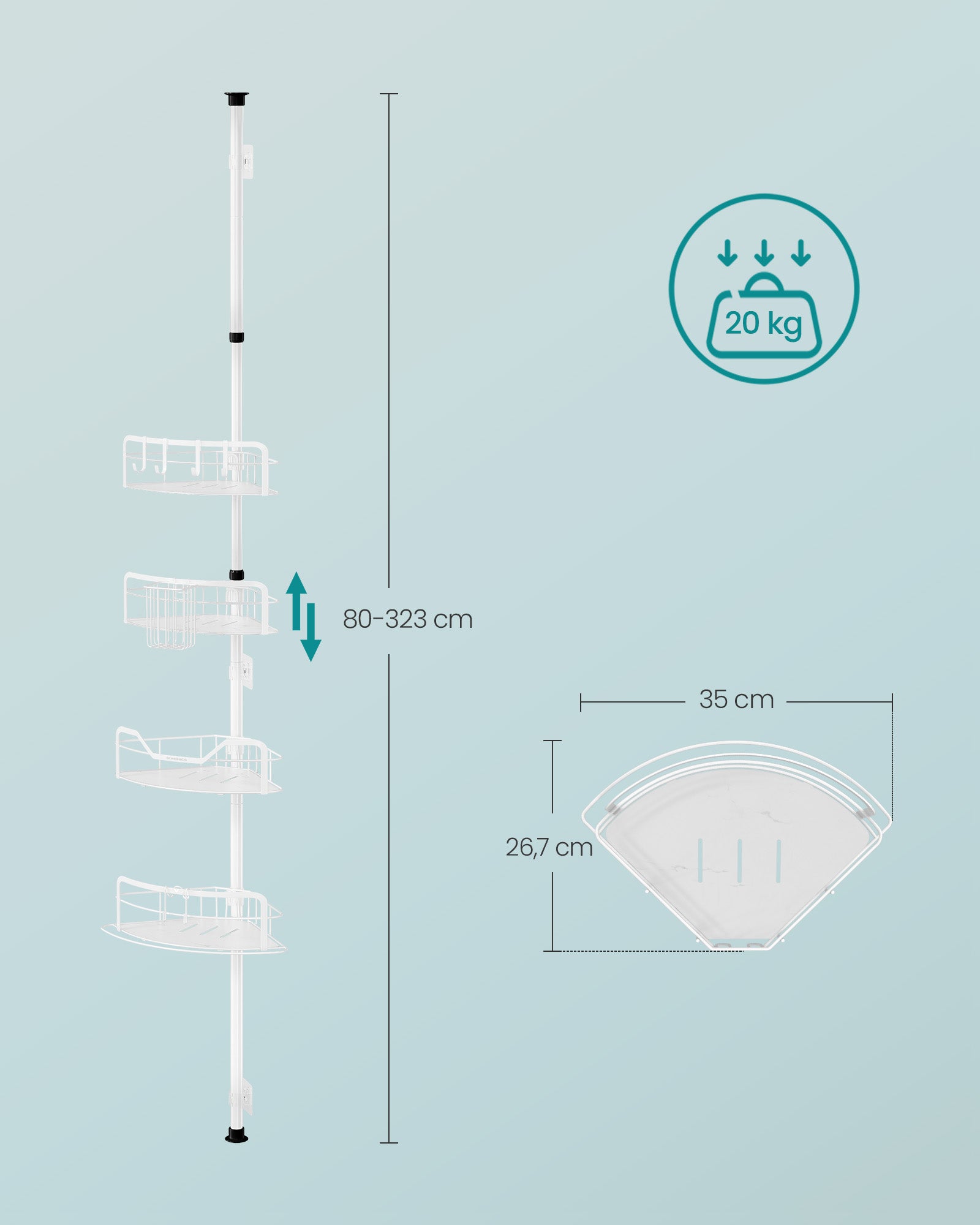 Duschregal Gesamthöhe 80-323 cm mit 4 Ebenen wolkenweiß