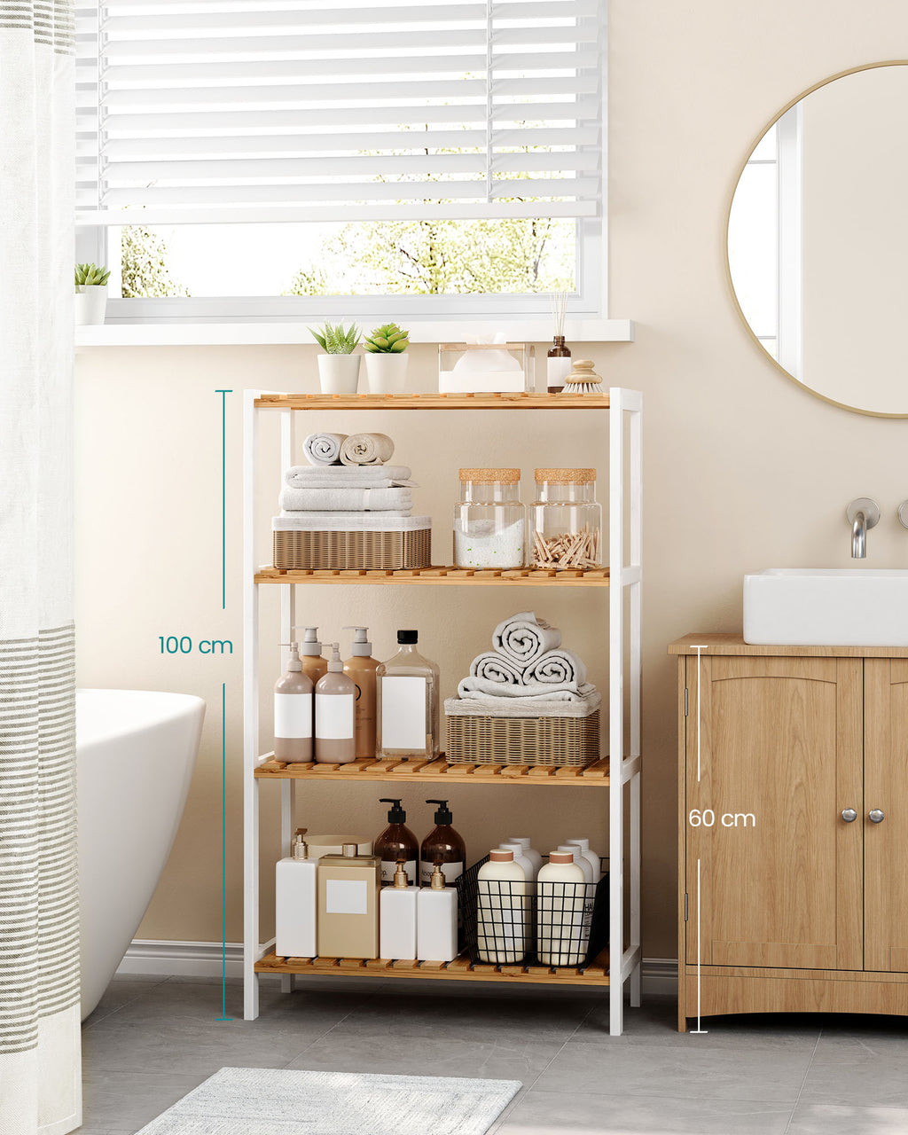 Badezimmerregal aus Bambus 26 x 60 x 100 cm weiß-naturfarben