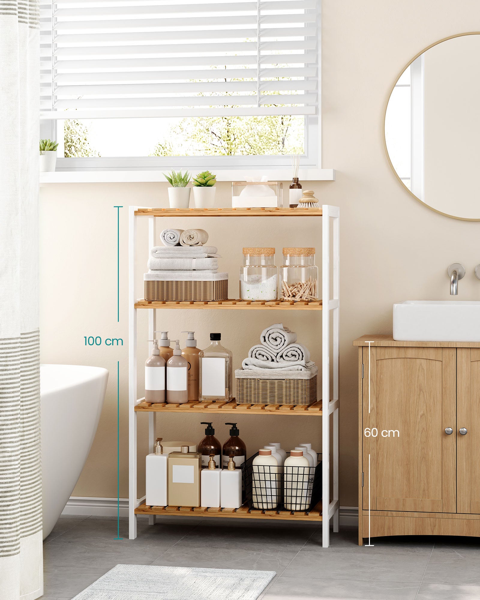 Badezimmerregal aus Bambus 26 x 60 x 100 cm weiß-naturfarben