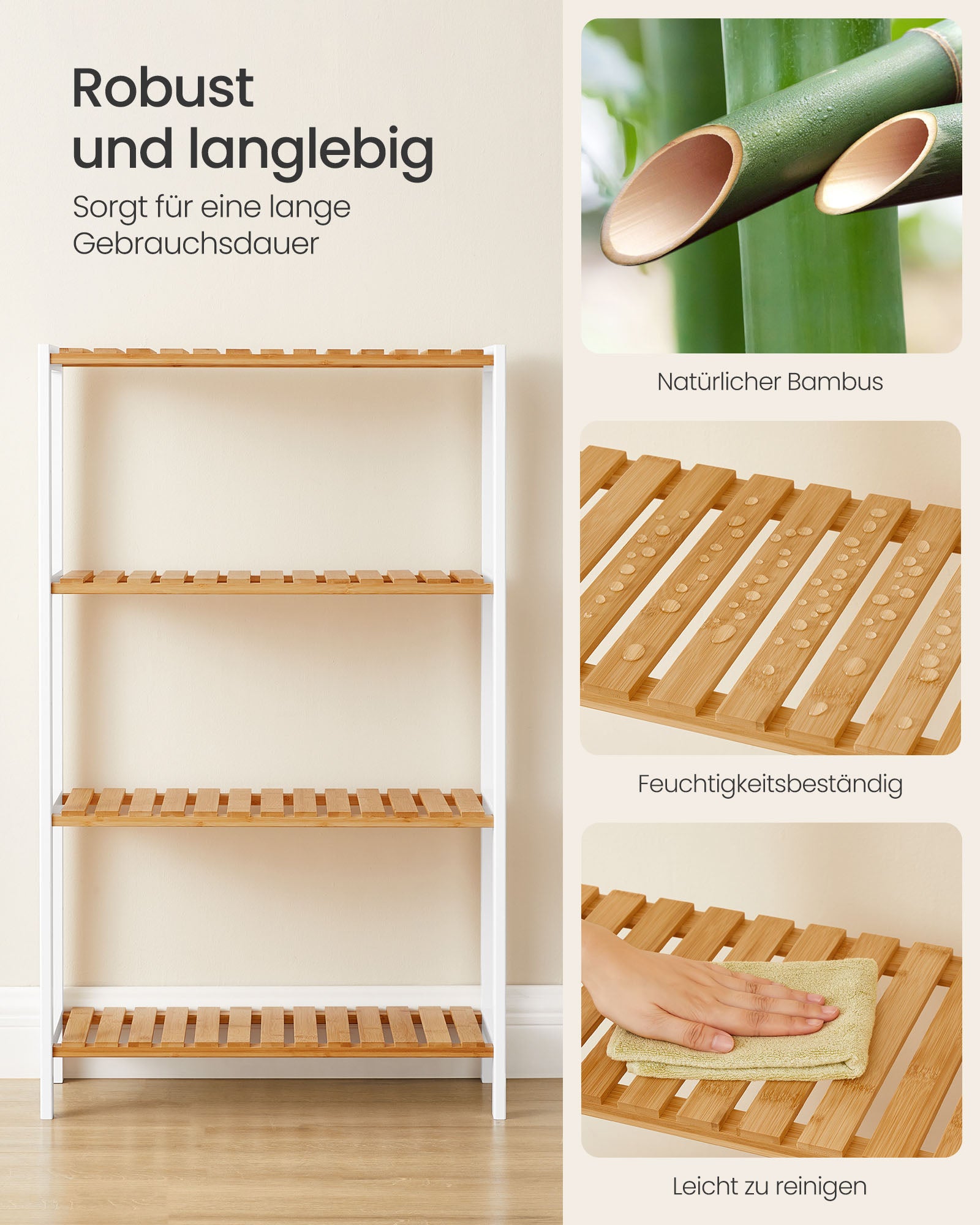 Badezimmerregal aus Bambus 26 x 60 x 100 cm weiß-naturfarben