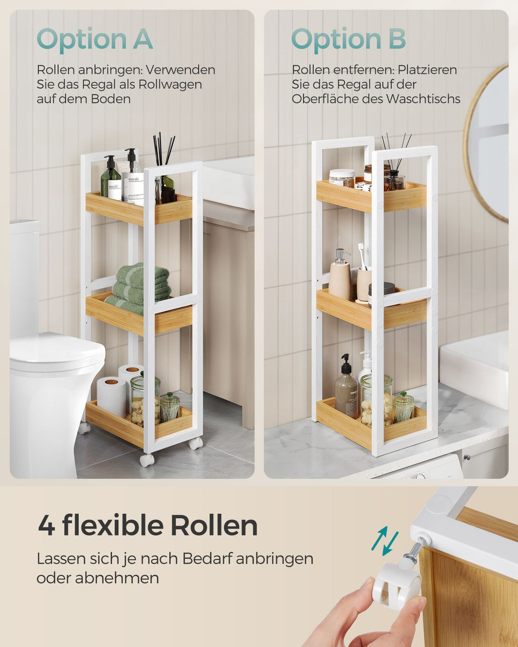 Badezimmerregal mit 3 Ebenen schmal platzsparend weiß-naturfarben