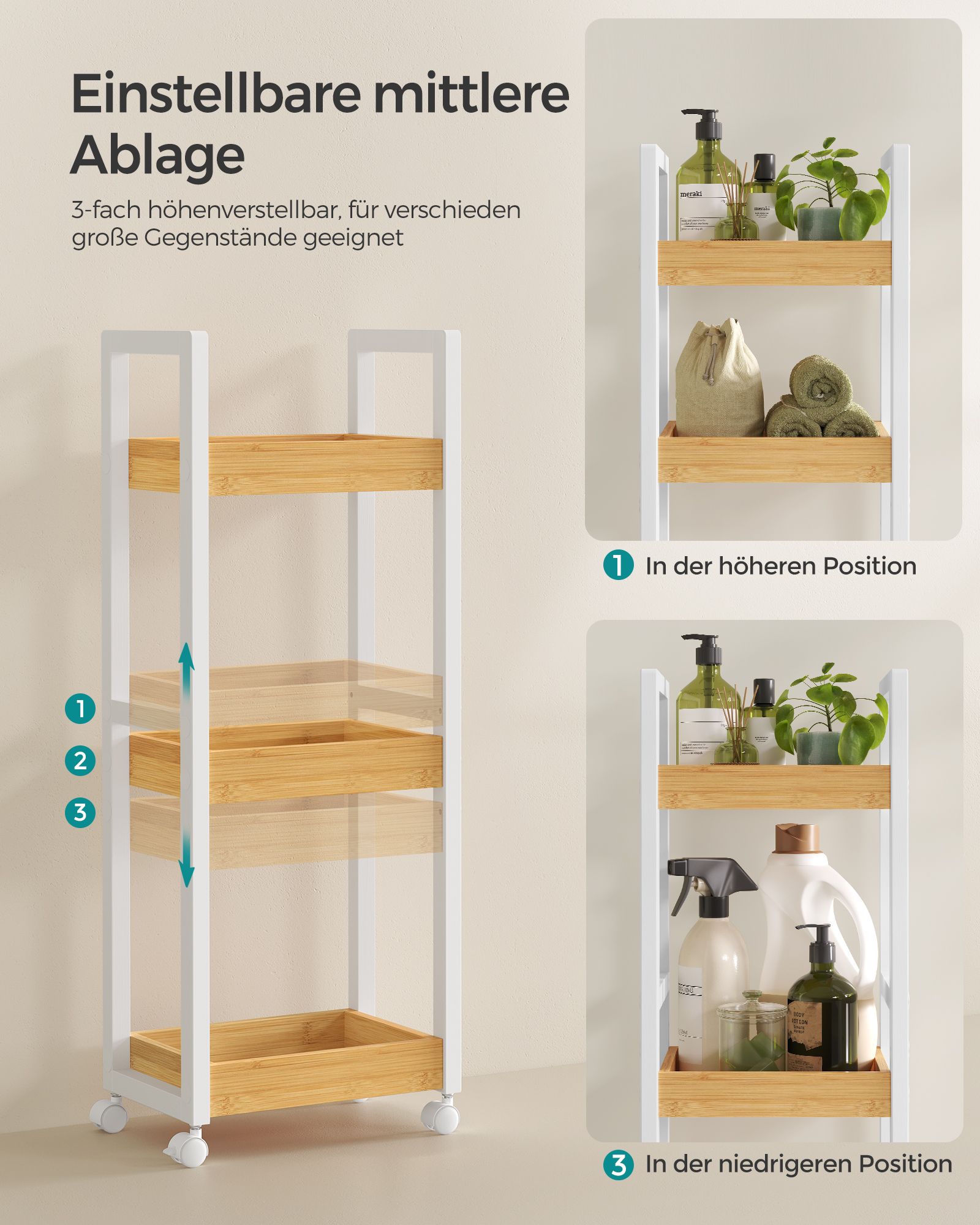 Badezimmerregal mit 3 Ebenen schmal platzsparend weiß-naturfarben
