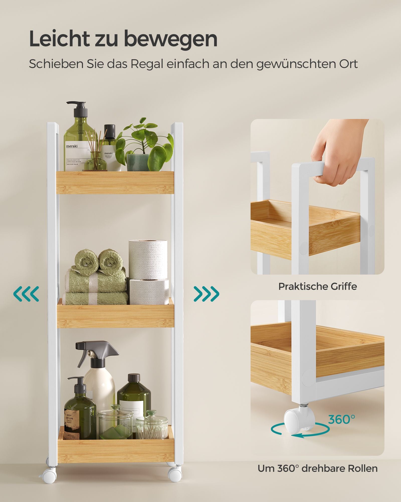 Badezimmerregal mit 3 Ebenen schmal platzsparend weiß-naturfarben