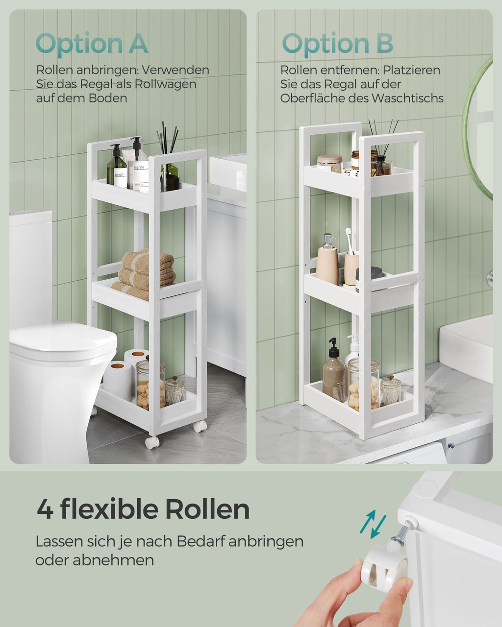 Badezimmerregal mit 3 Ebenen schmal platzsparend weiß