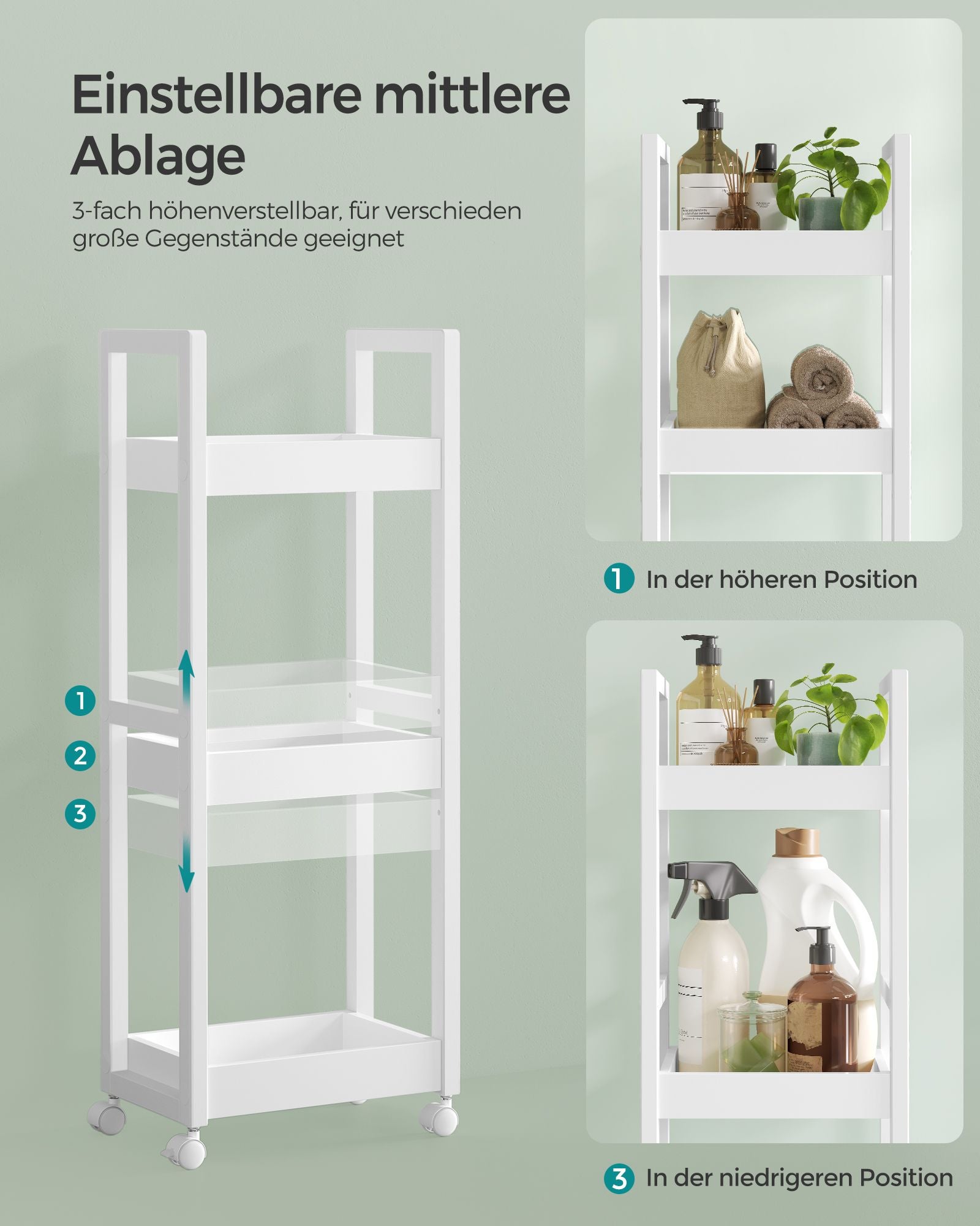 Badezimmerregal mit 3 Ebenen schmal platzsparend weiß