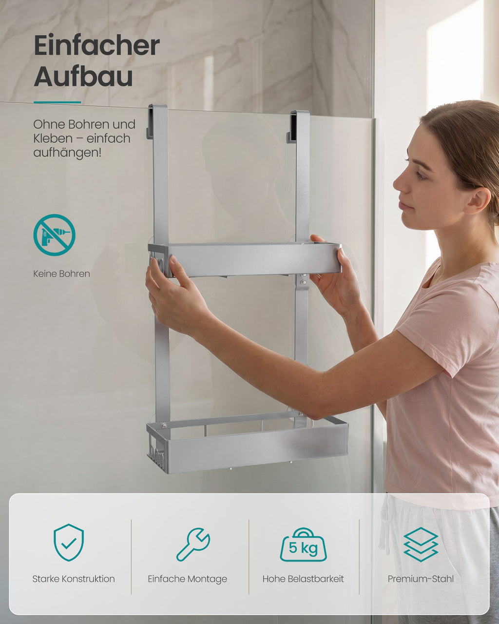 Duschablage zum Hängen ohne Bohren 2 Ebenen Silber