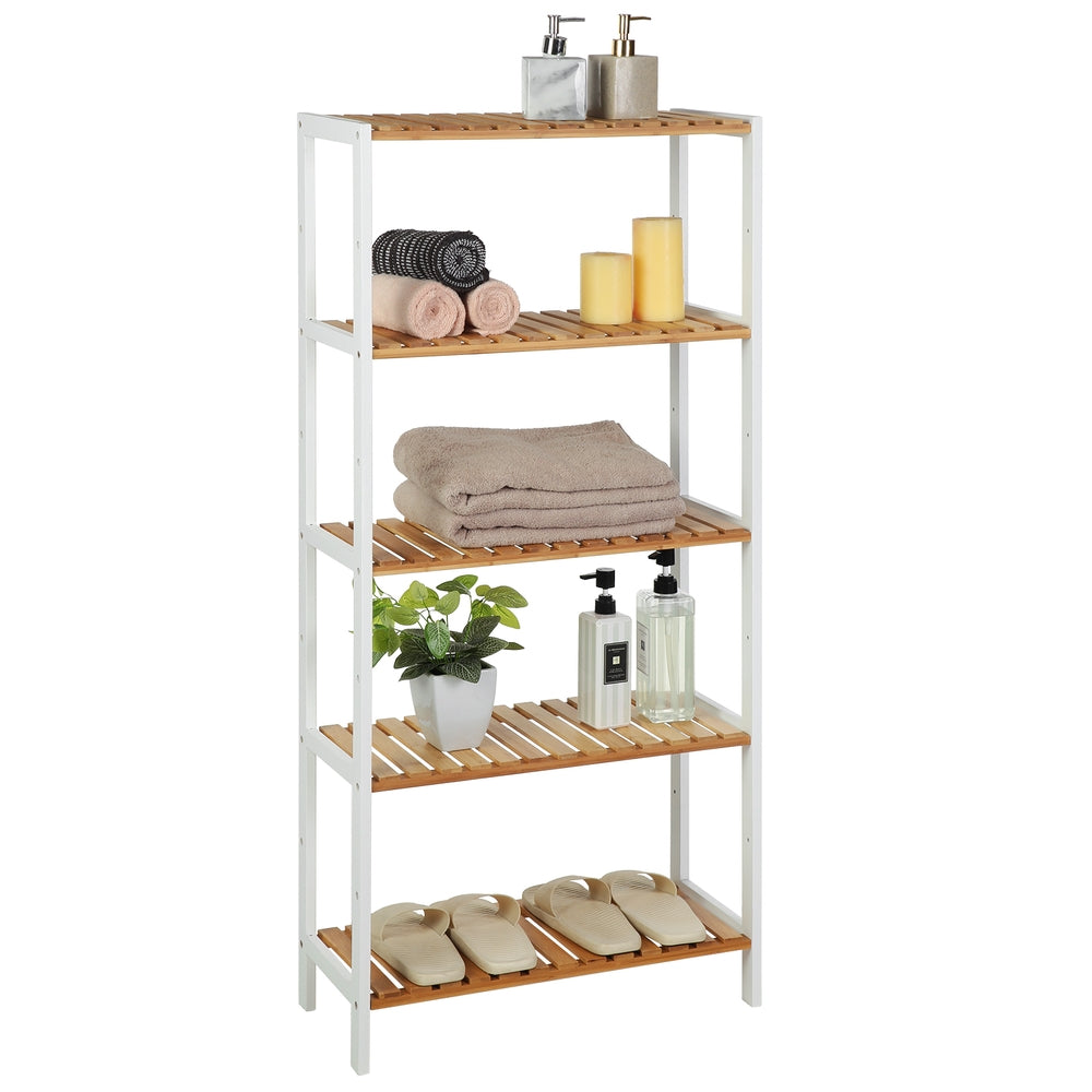 Badezimmerregal mit 5 Ebenen aus Bambus 26 x 60 x 130 cm wolkenweiß-naturbeige