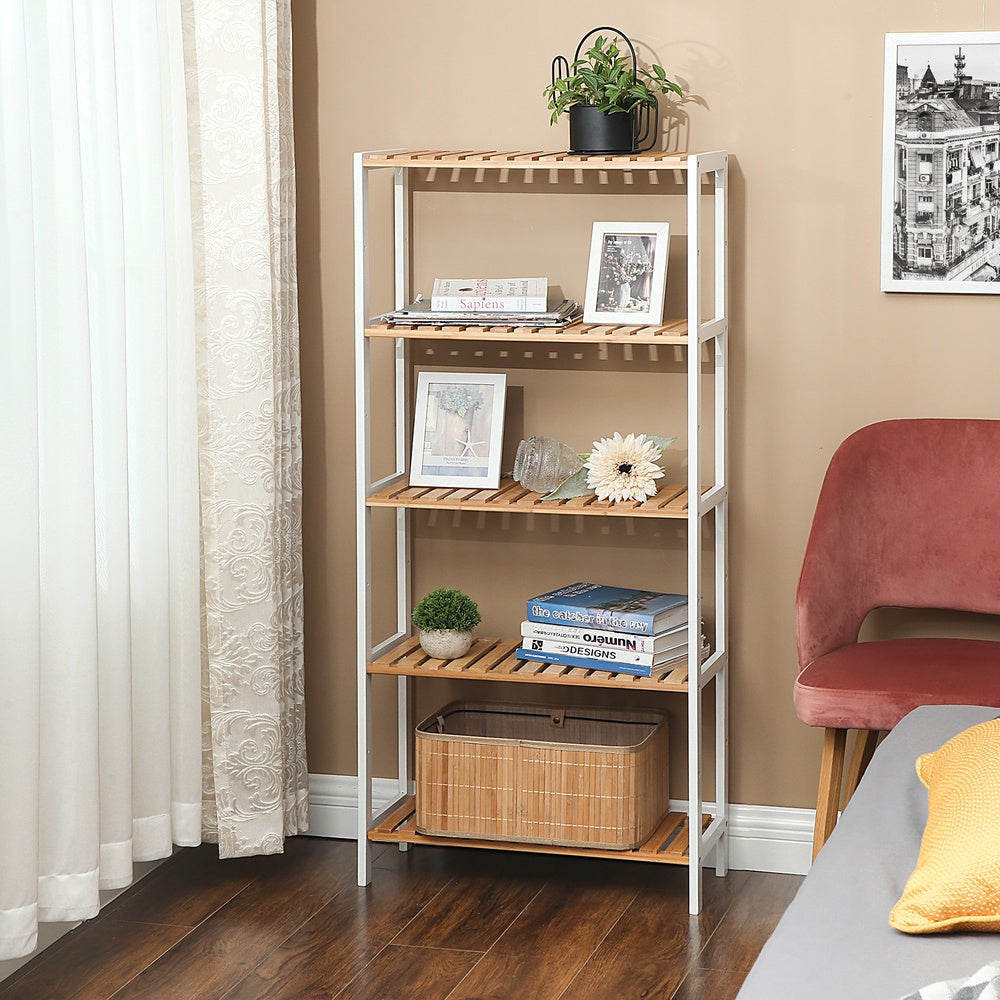 Badezimmerregal mit 5 Ebenen aus Bambus 26 x 60 x 130 cm wolkenweiß-naturbeige