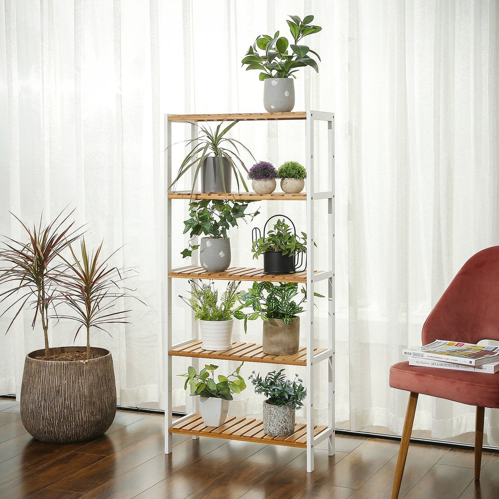 Badezimmerregal mit 5 Ebenen aus Bambus 26 x 60 x 130 cm wolkenweiß-naturbeige