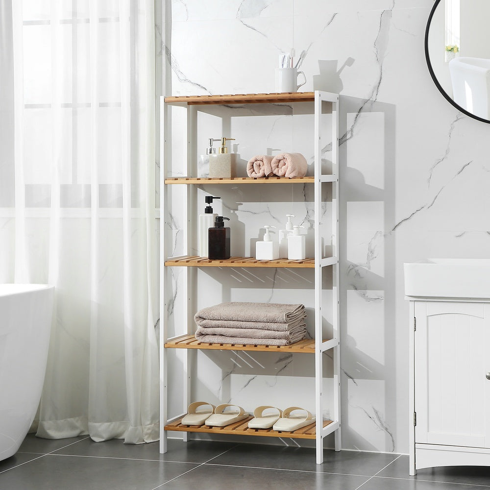 Badezimmerregal mit 5 Ebenen aus Bambus 26 x 60 x 130 cm wolkenweiß-naturbeige