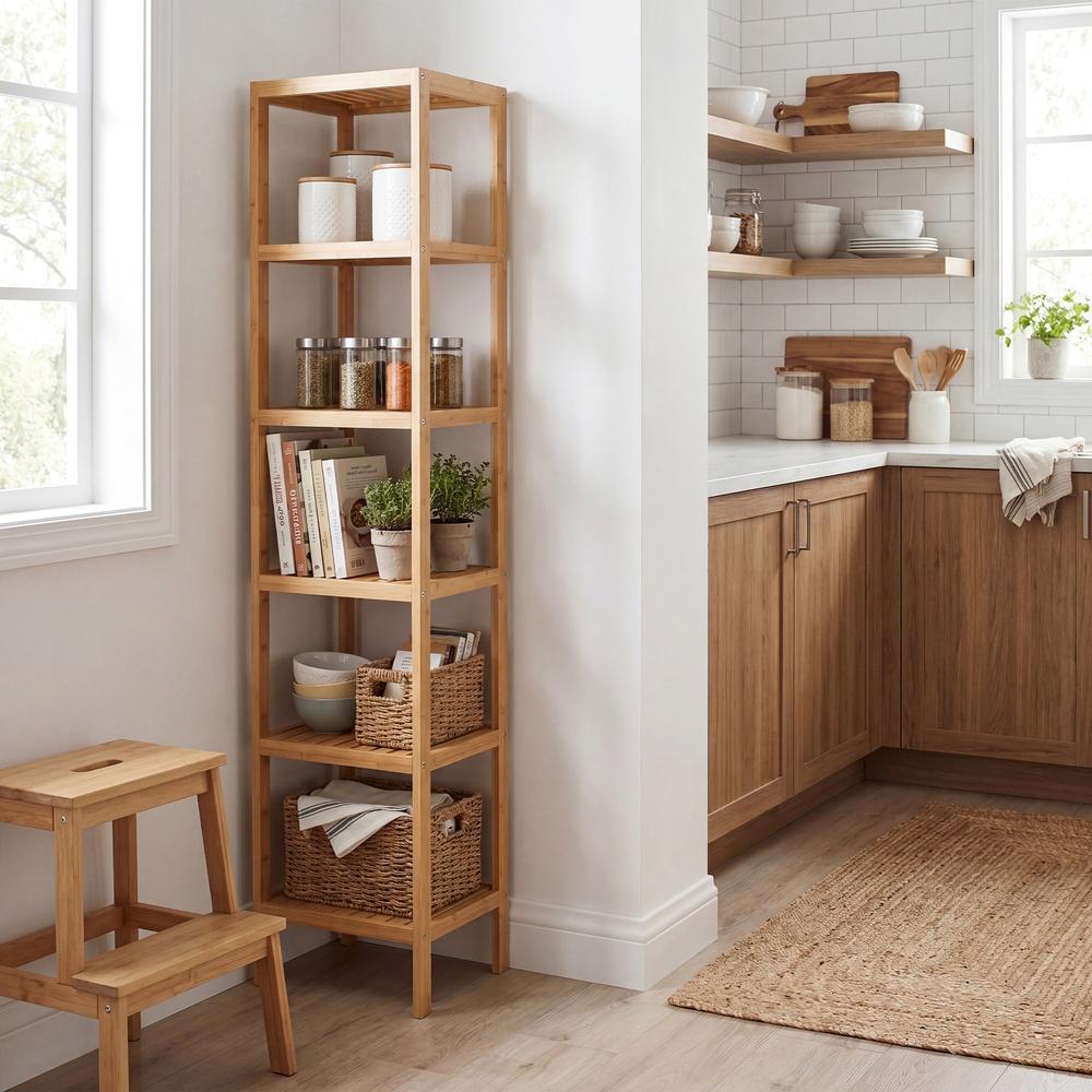 Badezimmerregal Bambus Standregal mit 6 Verstellbaren Ebenen 33 x 33 x 178,5 cm Naturfarben
