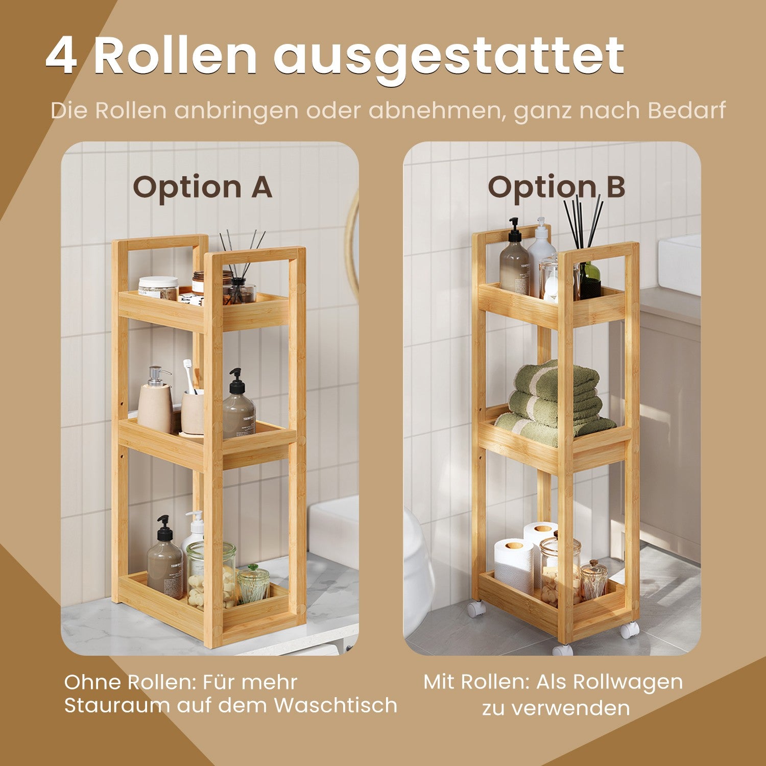 Rollwagen, Badregal, Nischenregal Bambus