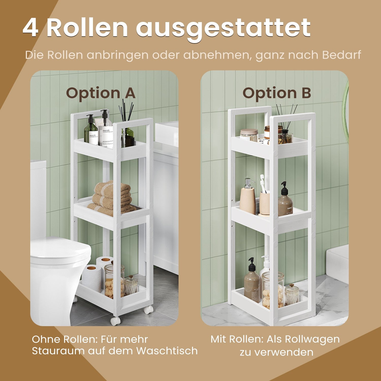 Rollwagen, Badregal, Nischenregal Bambus