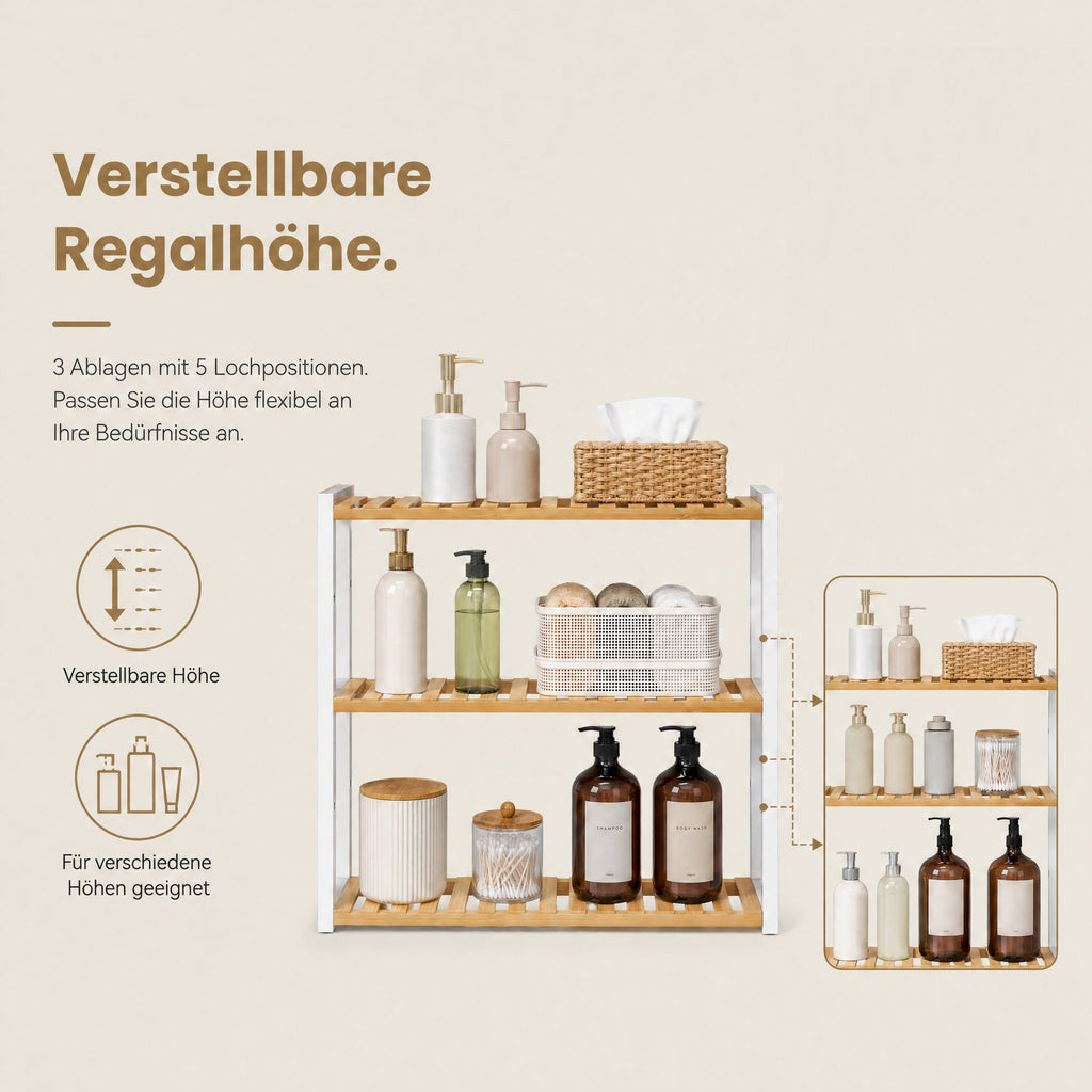 Badregal, Badezimmerregal, Pflanzenregal mit 3 verstellbaren Ablagen