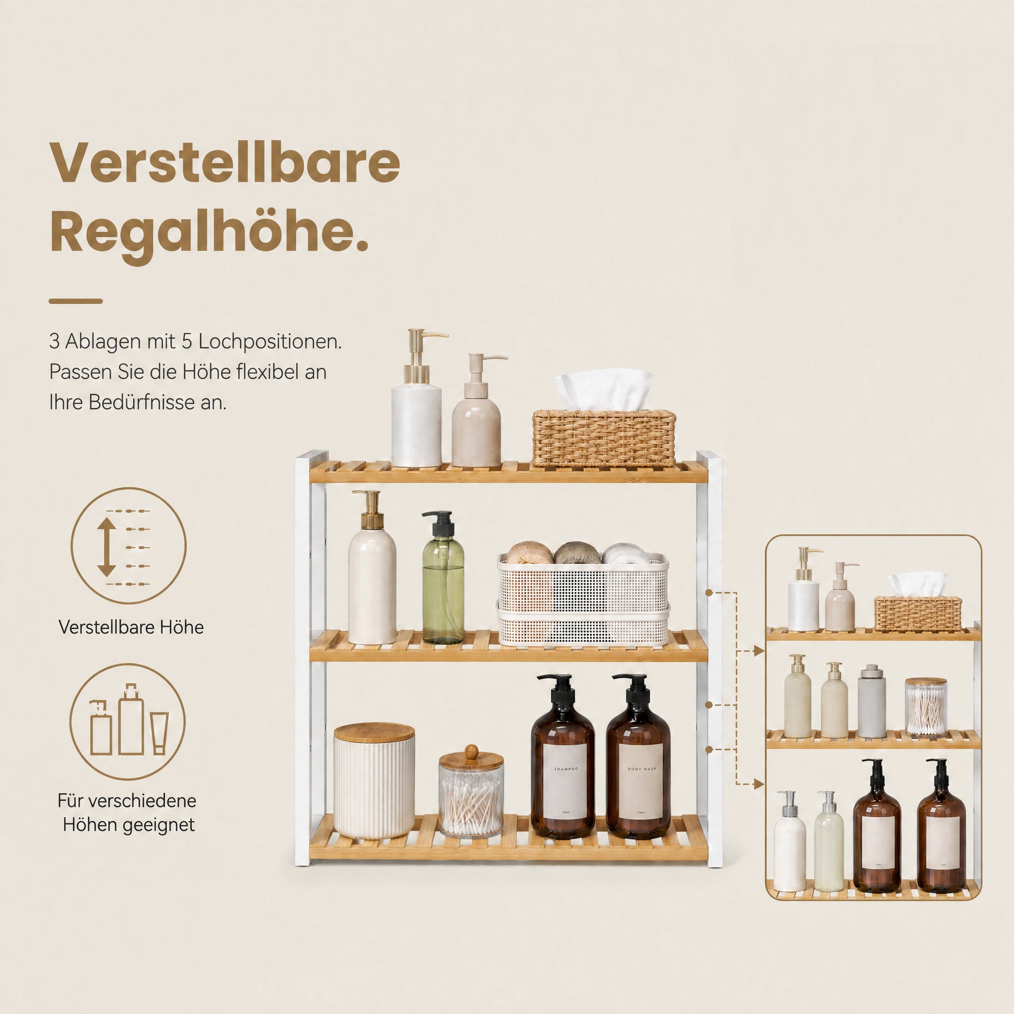 Badregal, Badezimmerregal, Pflanzenregal mit 3 verstellbaren Ablagen