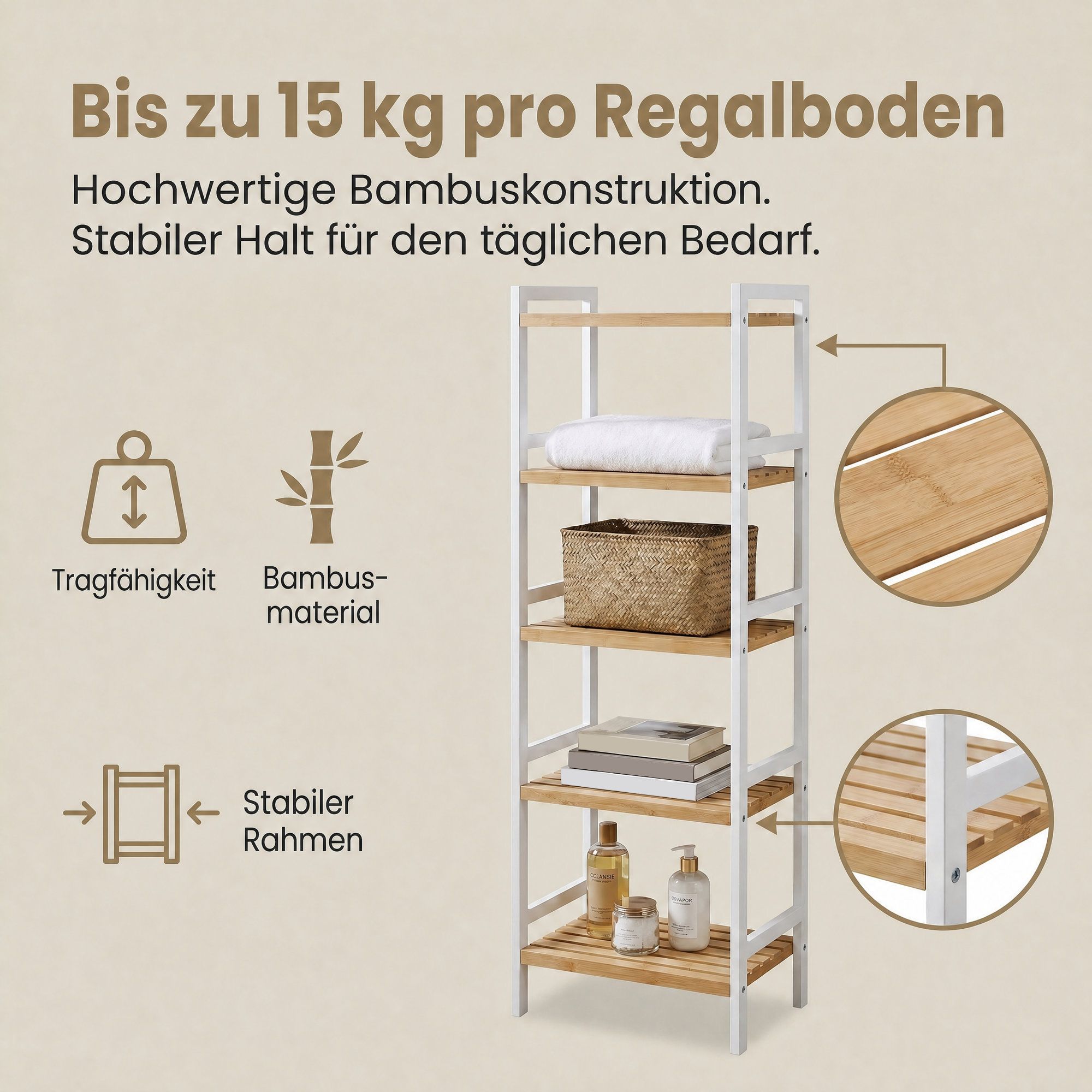 Bambus Standregal mit 5 Ablagen, Bücherregal, für Wohnzimmer