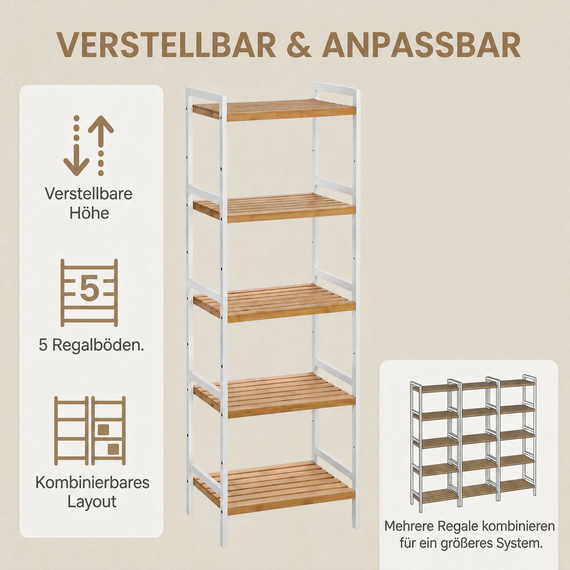 Bambus Standregal mit 5 Ablagen, Bücherregal, für Wohnzimmer