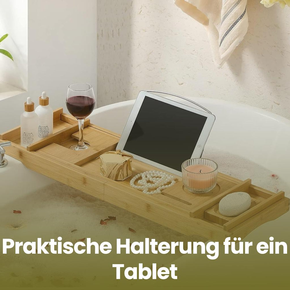 Ausziehbare Badewannenablage aus Bambus verstellbares Badewannenbrett Badewannen Ablagen, mit Getränkehalter, Buchstütze