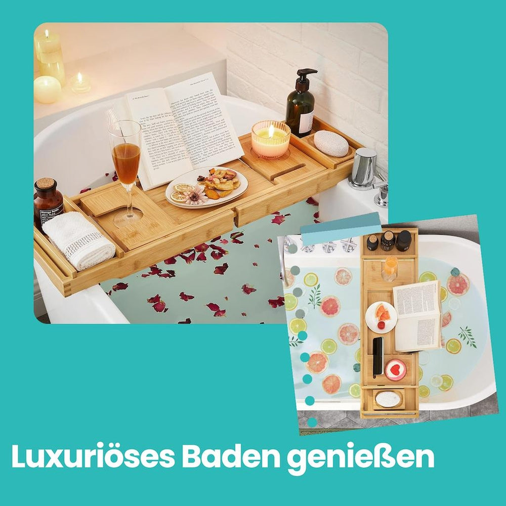 Ausziehbare Badewannenablage aus Bambus verstellbares Badewannenbrett Badewannen Ablagen, mit Getränkehalter, Buchstütze