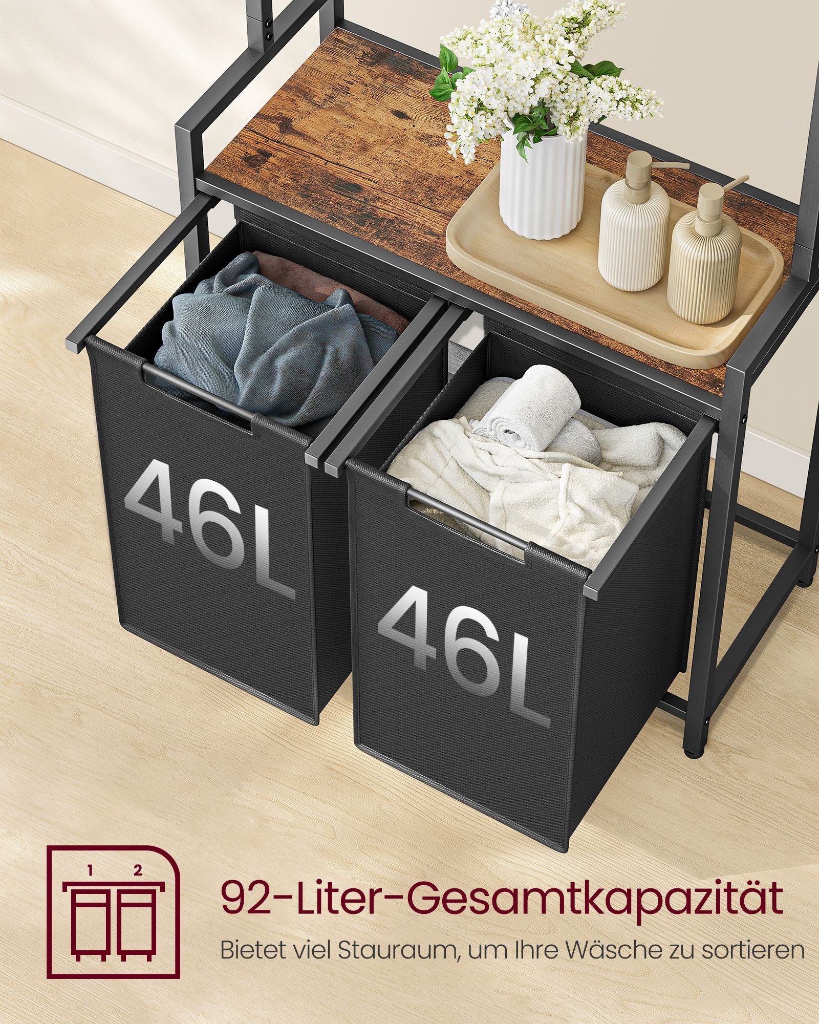 Wäschekorb mit Garderobenständer 2 Fächer vintagebraun-klassikschwarz