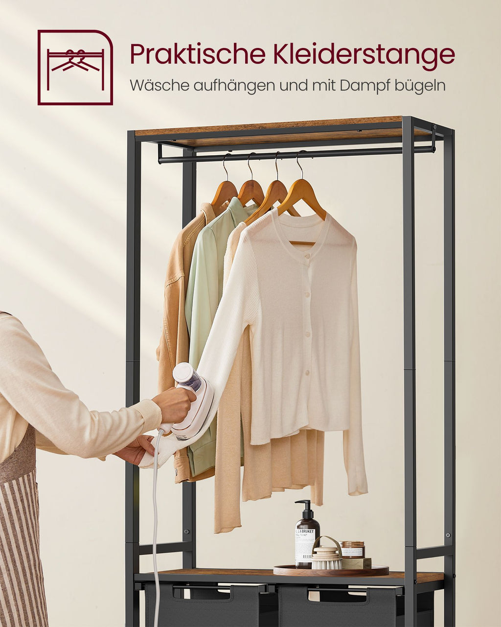Wäschekorb mit Garderobenständer 2 Fächer vintagebraun-klassikschwarz