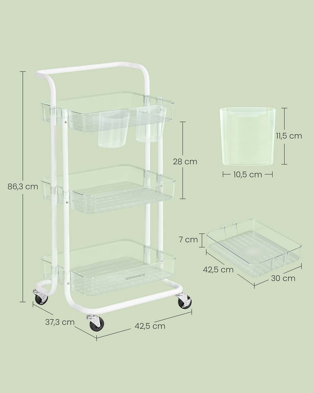 Rollwagen 3 Ebenen Weiß und Transparent