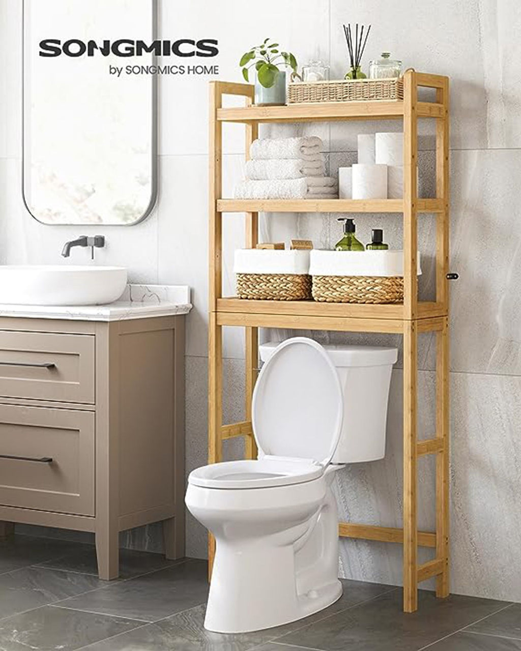 Toilettenregal 3-stöckig aus Bambus verstellbar naturfarben