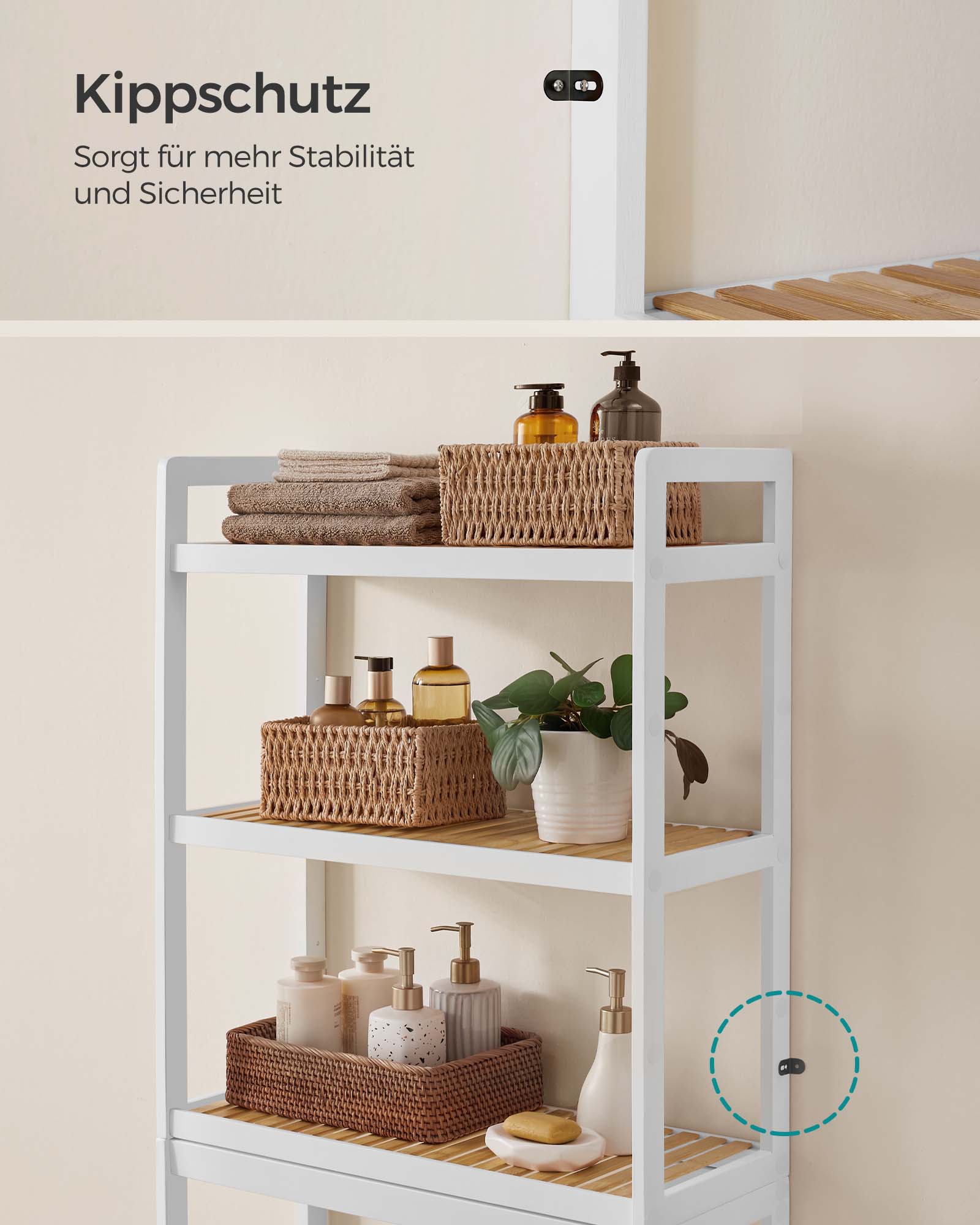 3-stöckiges Badregal aus Bambus wolkenweiß-naturfarben
